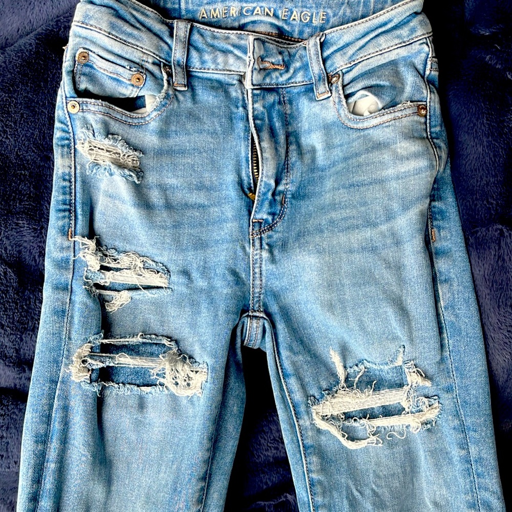 Size 0 denim jeans, super high-rise flare American Eagle next level stretch